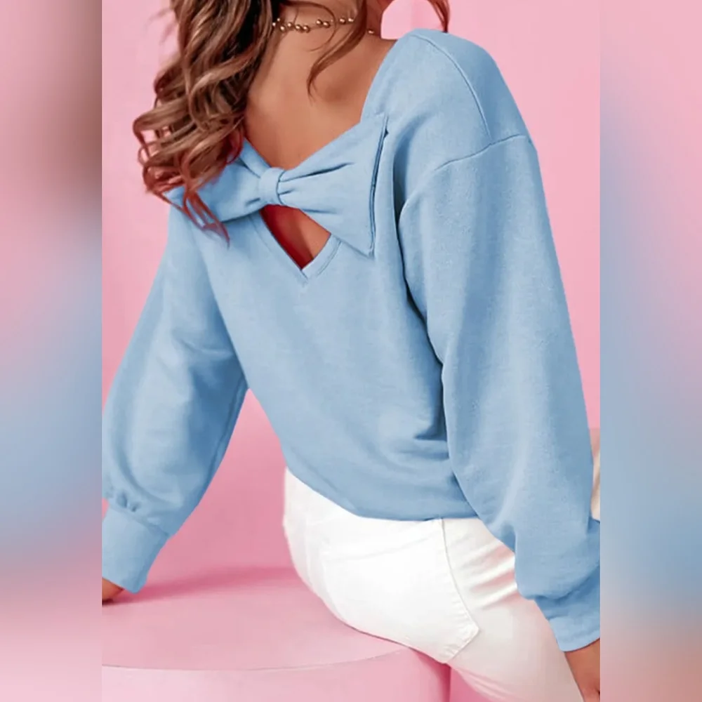Bow Accent Cozy Sweatshirt - Blue